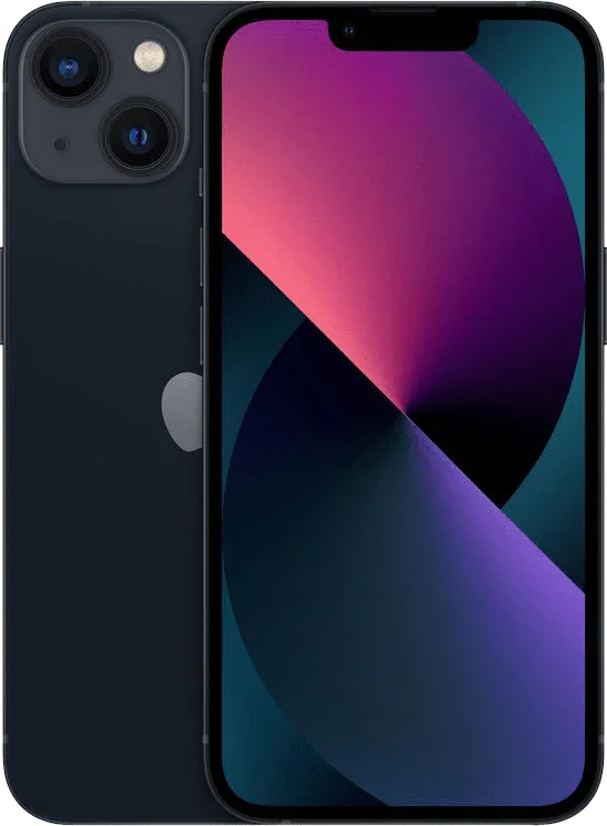 Refurbished iPhone 13 in het zwart, dual camera, kleurrijk scherm, vooraanzicht en achteraanzicht