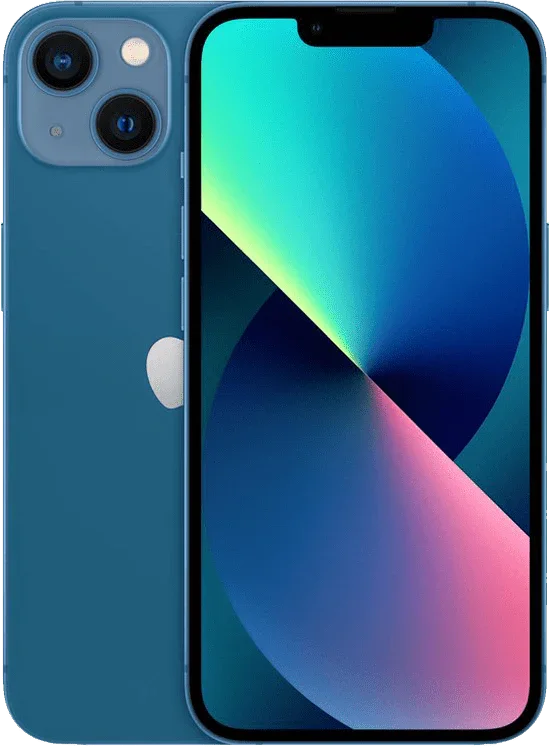 Blauwe iPhone 13 met dubbel camerasysteem en kleurrijk scherm, refurbished smartphone