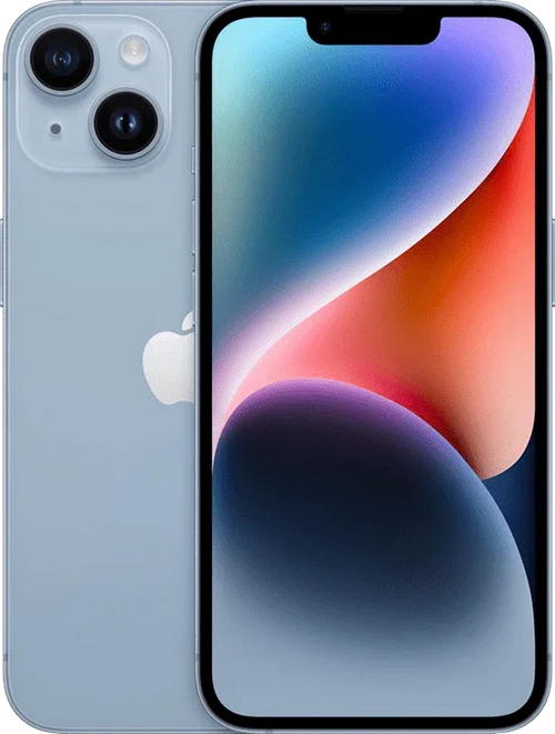 Lichtblauwe iPhone 14 met groot scherm en dubbele camera, Apple logo zichtbaar.