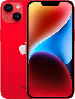 Rode iPhone 14 met dual camera, kleurrijk scherm en Apple logo zichtbaar op achterkant.
