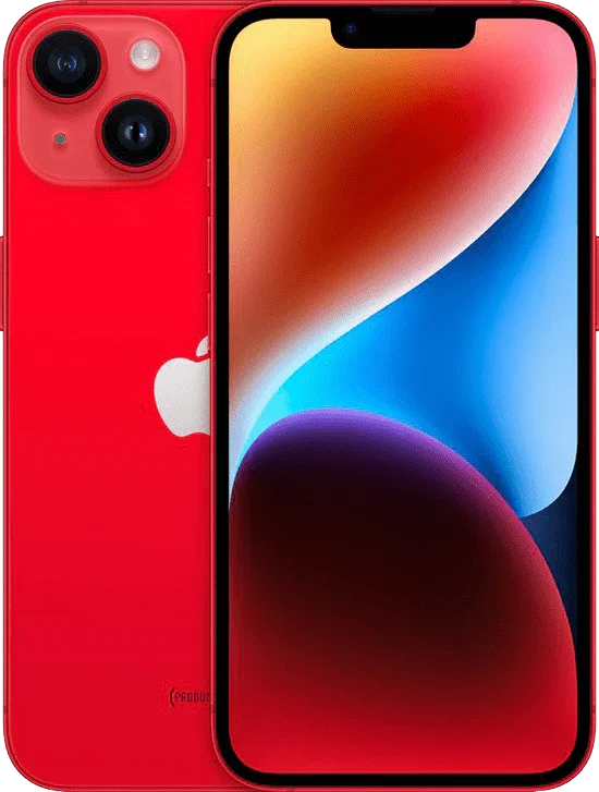 Rode iPhone 14 met dual camera, kleurrijk scherm en Apple logo zichtbaar op achterkant.