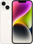 Witte iPhone 14 met dubbel camerasysteem en kleurrijk scherm, smartphone productfoto