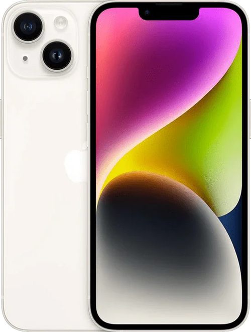 Witte iPhone 14 met dubbel camerasysteem en kleurrijk scherm, smartphone productfoto