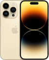 Gouden iPhone 14 Pro met drie camera’s en Dynamic Island display, voor- en achterkant zichtbaar
