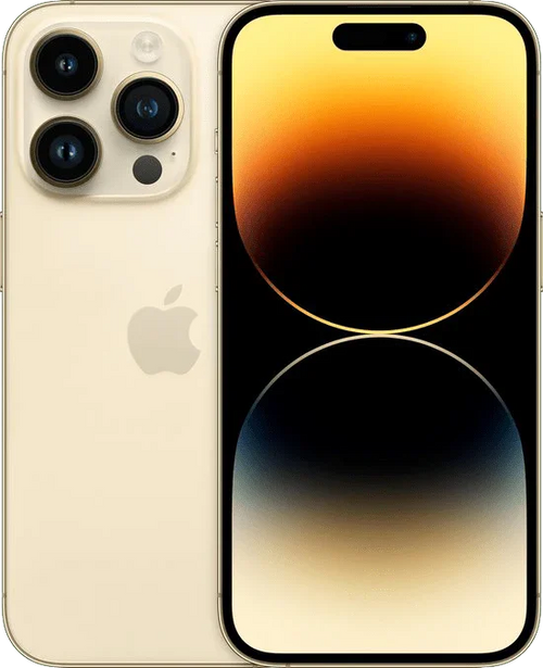 iPhone 14 Pro goud, voorkant en achterkant, met drie camera's en Dynamic Island scherm