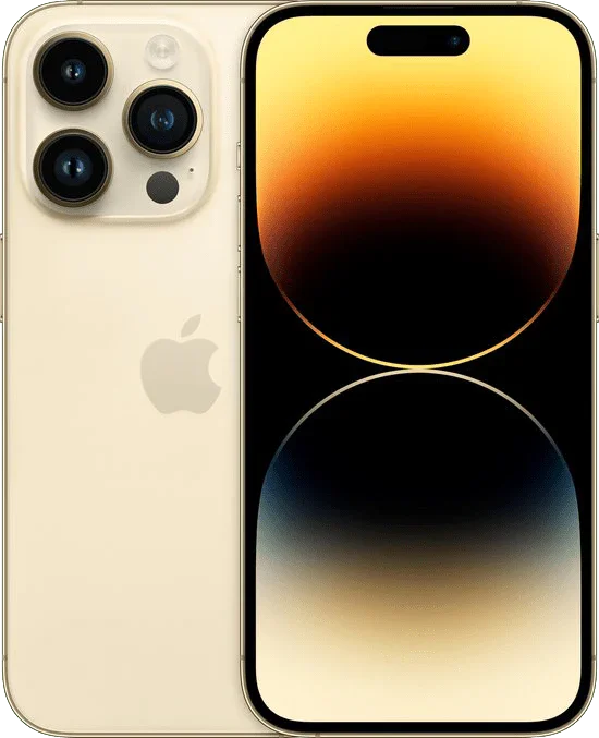 iPhone 14 Pro goud, voorkant en achterkant, met drie camera's en Dynamic Island scherm