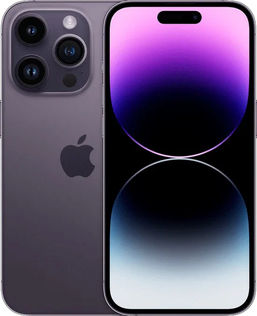 Apple iPhone 14 Pro in paars met drie camera’s en kleurrijk display, voorkant en achterkant
