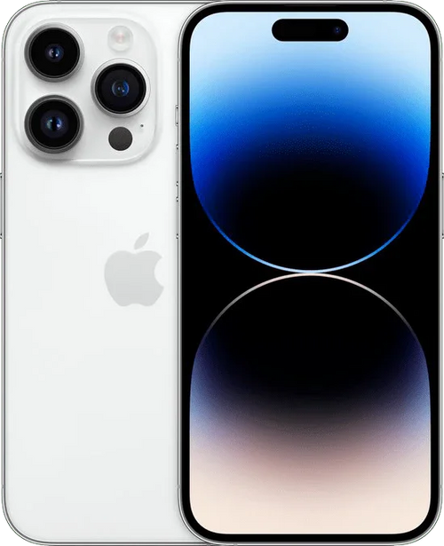 iPhone 14 Pro zilver voorkant en achterkant, triple camera en modern schermdesign