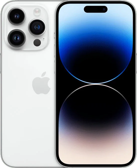 iPhone 14 Pro zilver voorkant en achterkant, triple camera en modern schermdesign