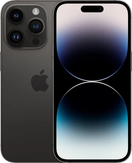 iPhone 14 Pro zwart, voorkant en achterkant met drie camera’s en Dynamic Island display