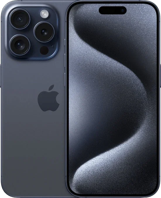 iPhone 15 Pro in blauwe kleur met drie camera's en modern schermontwerp