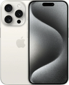 iPhone 15 Pro in zilver, voorkant en achterkant, met drie camera’s en luxe design
