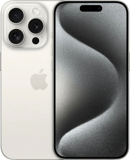 iPhone 15 Pro in zilver, voorkant en achterkant, met drie camera’s en luxe design