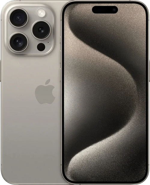 iPhone 15 Pro zilver met drie camera’s en modern design, voorkant en achterkant zichtbaar