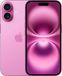 Roze iPhone 16 met dubbele camera en glanzend scherm, moderne smartphone design.