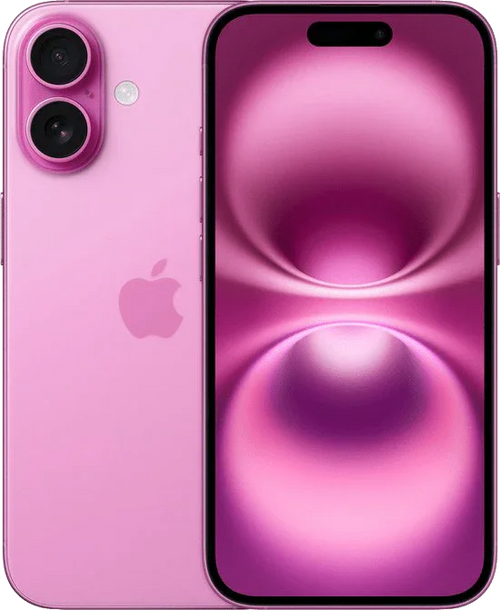 Roze iPhone 15 met dubbele camera en kleurrijk scherm, voorkant en achterkant zichtbaar