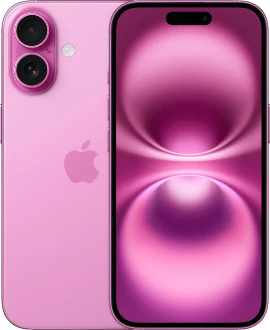 Roze iPhone 15 met dubbele camera en kleurrijk scherm, voorkant en achterkant zichtbaar