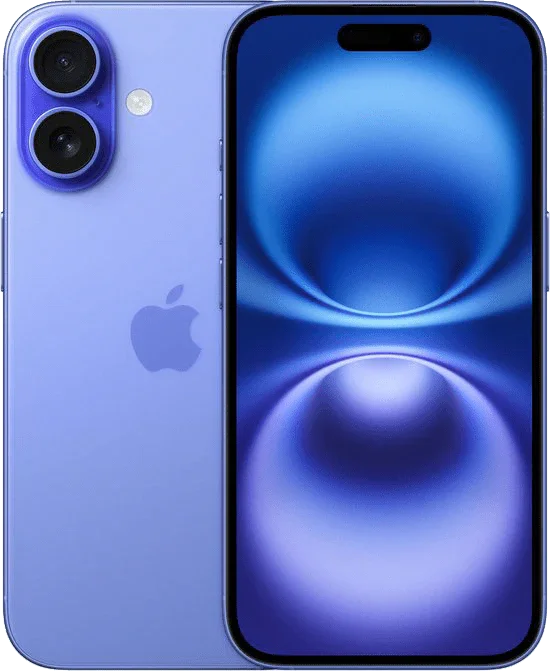 Paarse iPhone 15 met dubbele camera en helder OLED-scherm, vooraanzicht en achterkant