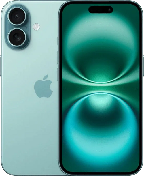 Groene iPhone 15 met dubbele camera en modern OLED-scherm, voor- en achterkant zichtbaar.