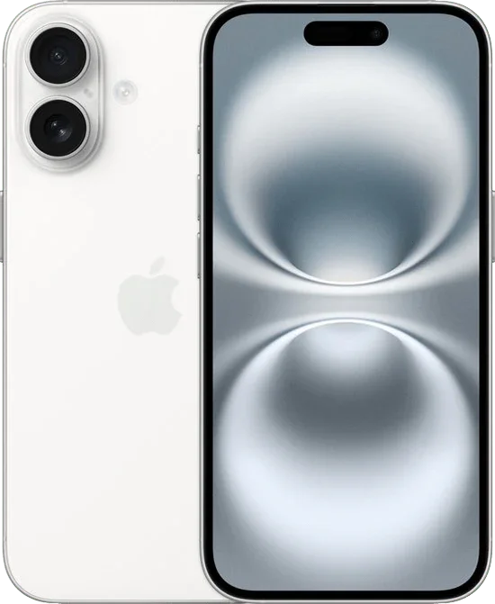 Witte iPhone 16 met dual camera, strakke voorkant en moderne uitstraling