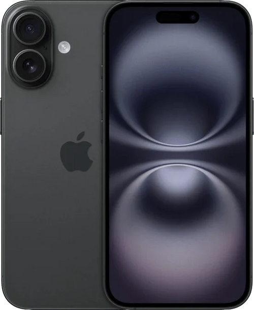 Zwarte iPhone 16 met dubbele camera en moderne glazen behuizing, voorkant en achterkant zichtbaar