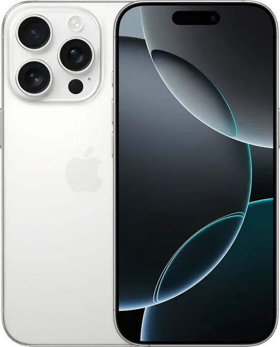 Zilveren iPhone 16 Pro met drievoudige camera en modern schermontwerp, vooraanzicht en achterkant.