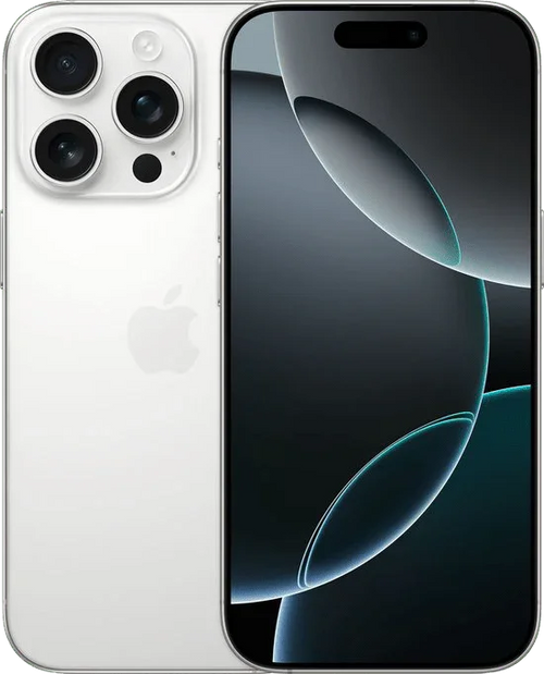 iPhone 16 Pro zilver, voorkant en achterkant met driedubbele camera, modern design
