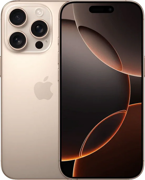 Gouden iPhone 16 Pro met driedubbele camera en dynamisch scherm, moderne smartphone