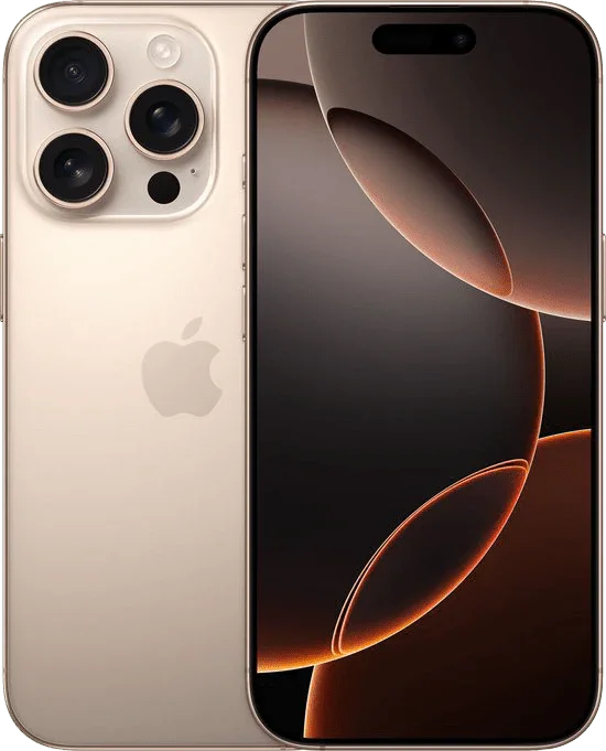 Gouden iPhone 16 Pro met driedubbele camera en zwart-goud abstract schermontwerp