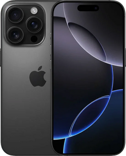 Zwarte iPhone 16 Pro met drie camera's en modern OLED-scherm, vooraanzicht en achterkant