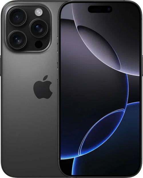 Zwarte iPhone 16 Pro met drie camera's en modern OLED-scherm, vooraanzicht en achterkant