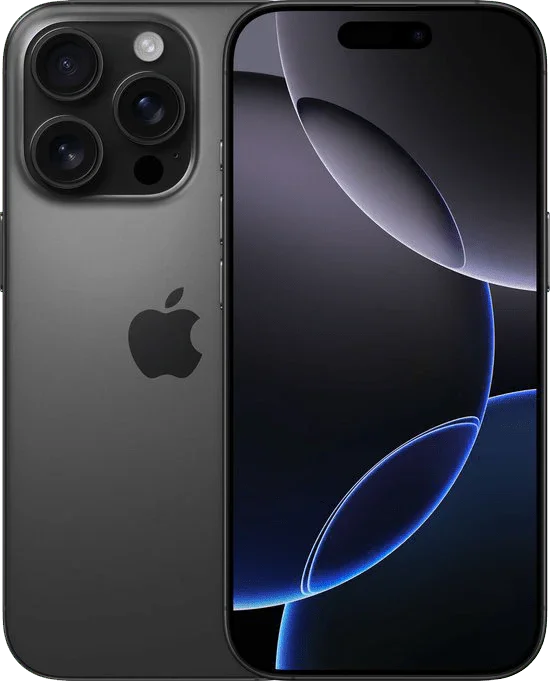 Zwarte iPhone 16 Pro met drie camera's en modern OLED-scherm, vooraanzicht en achterkant