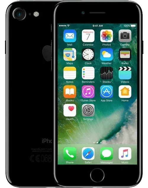 Zwarte iPhone 7, voor- en achterkant zichtbaar, met startscherm en apps in beeld.