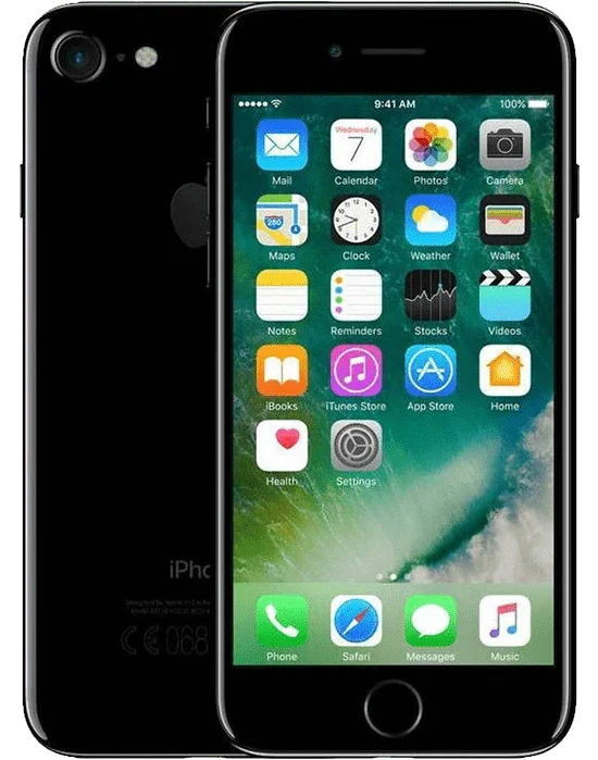 Zwarte iPhone 7, voor- en achterkant zichtbaar, met startscherm en apps in beeld.