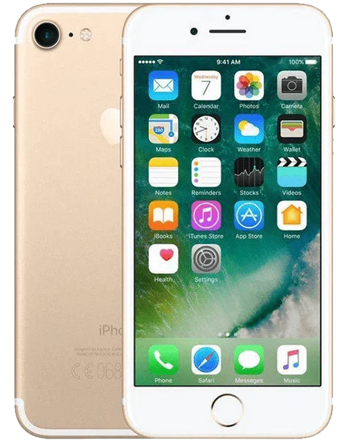 Gouden iPhone 7 met aanzicht van voor- en achterkant, homeknop en app-iconen zichtbaar