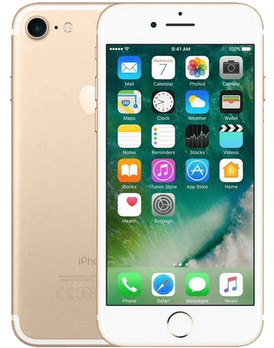 Gouden iPhone 7 met aanzicht van voor- en achterkant, homeknop en app-iconen zichtbaar