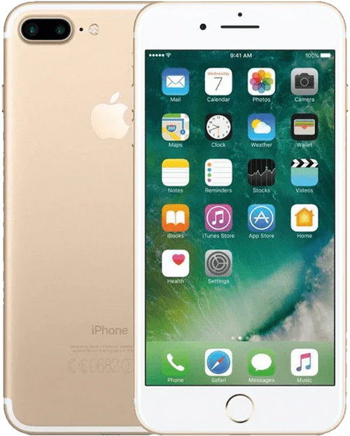 Goudkleurige iPhone 7 Plus met dual camera en 5,5 inch scherm, voorkant en achterkant zichtbaar