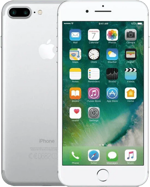 Refurbished zilveren iPhone 7 Plus met dual camera en Retina-display, vooraanzicht en achteraanzicht
