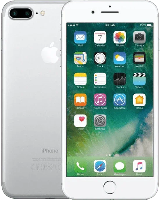 Refurbished zilveren iPhone 7 Plus met dual camera en Retina-display, vooraanzicht en achteraanzicht