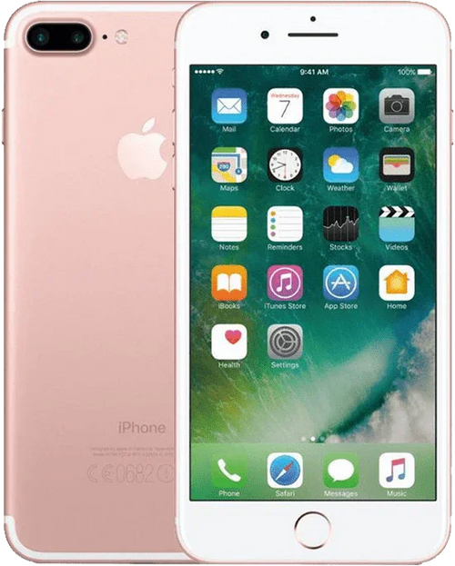Refurbished iPhone 7 Plus in roségoud met dubbel camera en startscherm zichtbaar