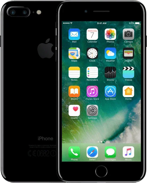 Zwarte iPhone 7 Plus met dual camera en ingeschakeld startscherm, refurbished smartphone