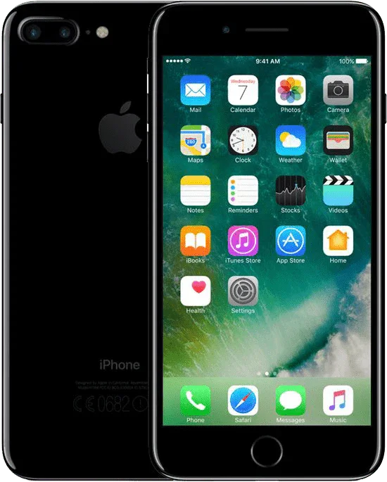 Zwarte iPhone 7 Plus met dual camera en ingeschakeld startscherm, refurbished smartphone
