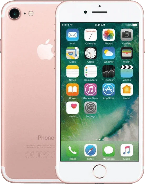 iPhone 7 in roségoud met voor- en achteraanzicht, volledig scherm, Apple smartphone