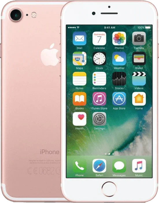 iPhone 7 in roségoud met voor- en achteraanzicht, volledig scherm, Apple smartphone