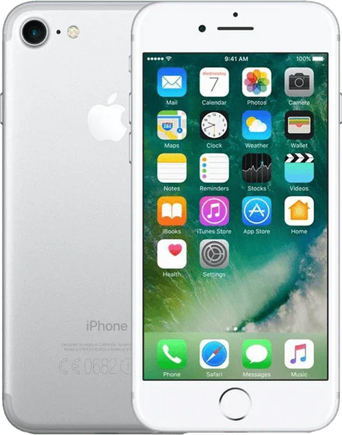 Zilveren iPhone 7 met zichtbaar scherm vol app-iconen en ronde homeknop, voorkant en achterkant