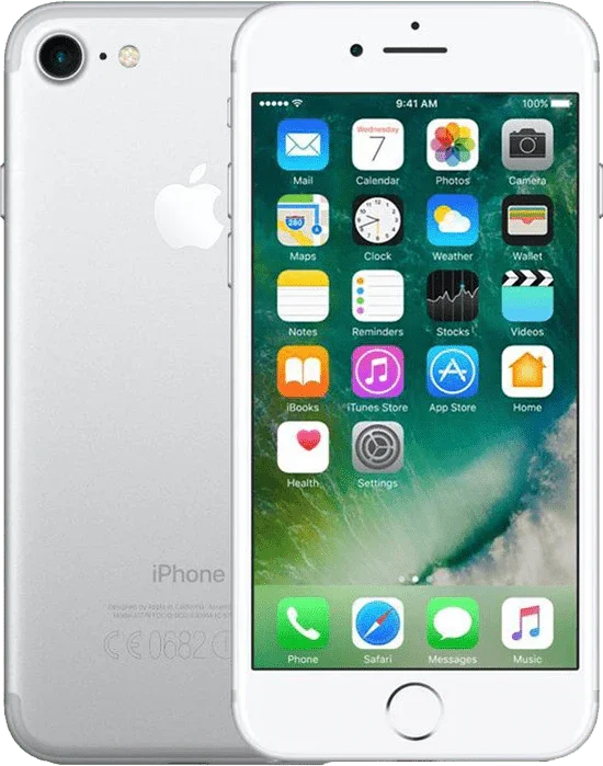 Zilveren iPhone 7 met zichtbaar scherm vol app-iconen en ronde homeknop, voorkant en achterkant