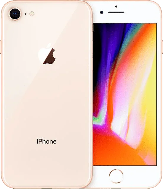 Refurbished iPhone 8 goud, voorkant en achterkant zichtbaar, scherp display, Apple smartphone