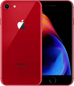 Rode refurbished iPhone 8 met glazen achterkant en retina-display, Apple-logo zichtbaar.