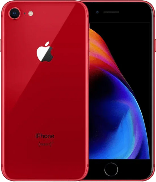 Rode refurbished iPhone 8 met glazen achterkant en retina-display, Apple-logo zichtbaar.