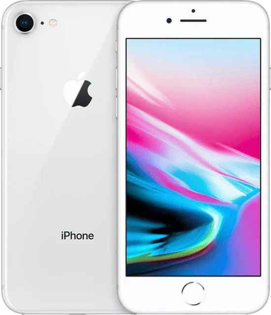 Witte iPhone 8 met kleurrijk scherm, zichtbaar van voor- en achterkant